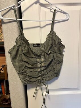 SHEIN Olive Lace-Up Ruffle Crop Cami Top